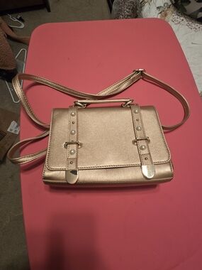 Gold Women's Crossbody Satchel Bag with Pearl Strap Accents